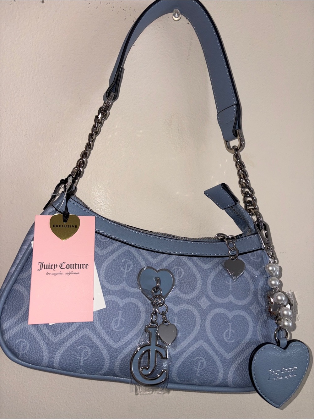 New exclusive Juicy Couture Powder Blue Heart-Print Shoulder Bag with Charms